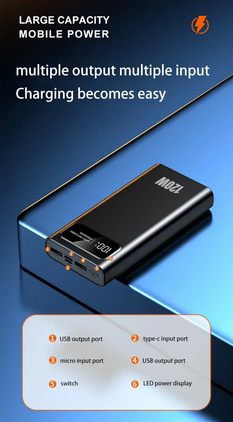 200000mAh 120W Banque d’alimentation de capacité ultra-large Charge rapide Banque d’alimentation d’affichage numérique portable pour iPhone Samsung Huawei xiaomi