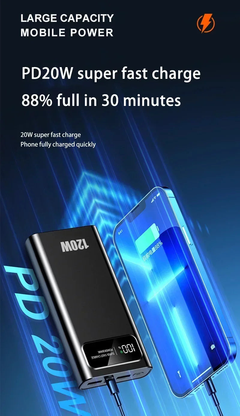 200000mAh 120W Banque d’alimentation de capacité ultra-large Charge rapide Banque d’alimentation d’affichage numérique portable pour iPhone Samsung Huawei xiaomi