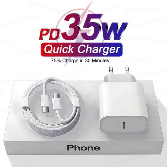 Chargeur rapide 35W pour iPhone 11 12 13 14 15 Pro Max Câble de charge rapide pour iPhone 15 Plus Chargeur de téléphone de ligne de données USB Type C