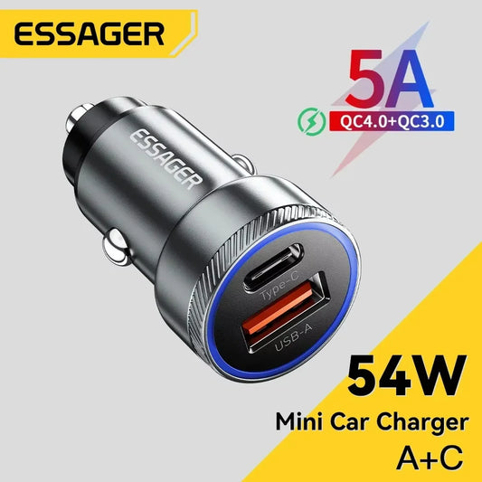 Chargeur de voiture Essager 54W 5A Charge Rapide Type C Charge Rapide 3.0 QC 3.0 SCP Chargeur de voiture USB